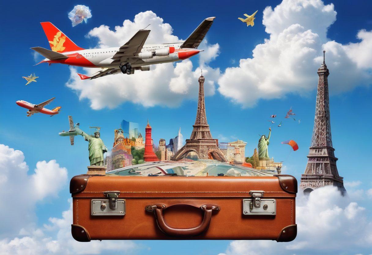 A scenic travel-themed collage featuring an airplane soaring through a bright blue sky, colorful landmarks from around the world in the background, and a suitcase overflowing with travel essentials. Include a large dollar sign made of clouds to represent affordability, with cheerful travelers enjoying their journey. Captivating and inviting design with a sense of adventure. vibrant colors. super-realistic.