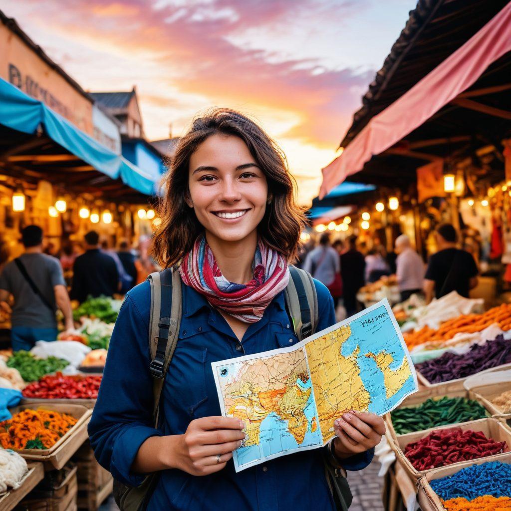 A cheerful backpacker exploring a colorful market filled with affordable souvenirs and local street food, showcasing a map in one hand while smiling at a vendor. The background features a vibrant sunset, emphasizing adventure and discovery on a budget. Include travel essentials like a camera and cozy clothes. bright colors. travel-themed illustration.